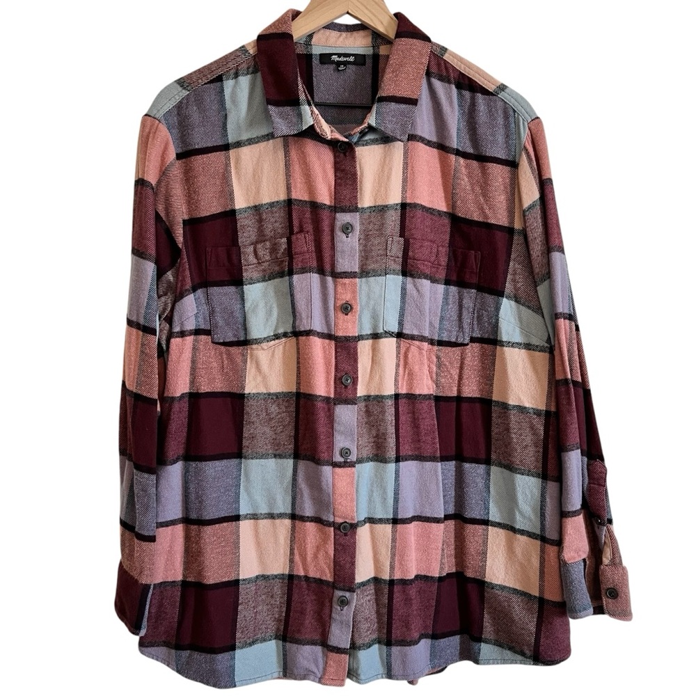 Madewell Plus Sunday Plaid Button Down Dusty Pink Blue Flannel with Pockets 1x - Picture 2 of 10